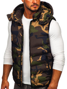 Bolf Herren Steppweste mit Kapuze Camo Khaki  6876