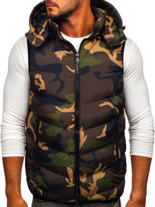 Bolf Herren Steppweste mit Kapuze Camo Khaki  6876