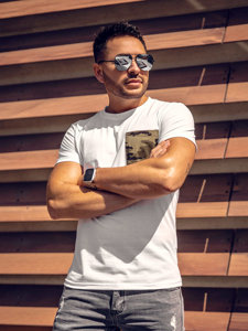 Bolf Herren T-Shirt mit Brusttasche mit Motiv Camo Weiß-Grün  8T85A