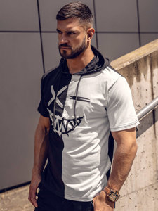 Bolf Herren T-Shirt mit Motib mit Kapuze Schwarz-Weiß  8T981A