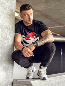 Bolf Herren T-Shirt mit Motiv Schwarz-Rot  2098A