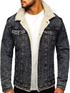 Bolf Herren Warme Jeansjacke Trucker mit Teddyfell Schwarz Winterjacke Schwarz 1109A2