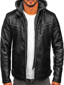 Bolf Herren Warme Kunstlederjacke mit Kapuze Schwarz  11Z8063