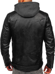 Bolf Herren Warme Kunstlederjacke mit Kapuze Schwarz  11Z8063