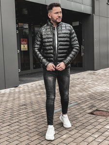 Bolf Herren Winterjacke Steppjacke aus Kunstleder Schwarz  0021