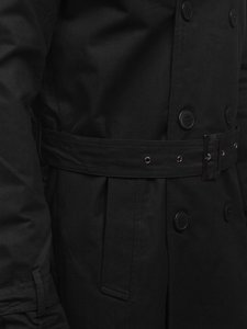 Bolf Herren Zweireihiger Mantel Trenchcoat mit Stehkragen und Gürtel Schwarz  5569