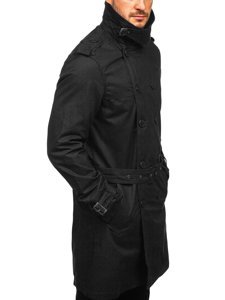 Bolf Herren Zweireihiger Mantel Trenchcoat mit Stehkragen und Gürtel Schwarz  5569