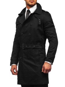 Bolf Herren Zweireihiger Mantel Trenchcoat mit Stehkragen und Gürtel Schwarz  5569